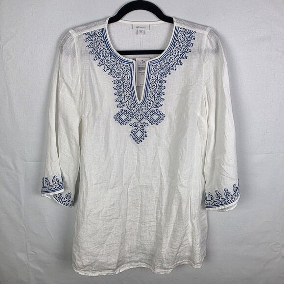 J.Jill ~ XS ~ NEW Very Pretty Linen Embroidered Bell-Sleeve Tunic ~ NWT - Picture 2 of 7